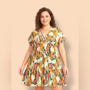 SHEIN Green Multi-Color Tropical Leaf V-Neck Smock Dress